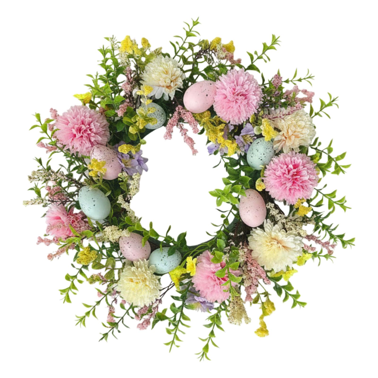 Tsophreniq Spring Season Wreath Decoration Faux Easter Eggs Flower Chrysanthemums Garlands for Outdoors Easter Wreath