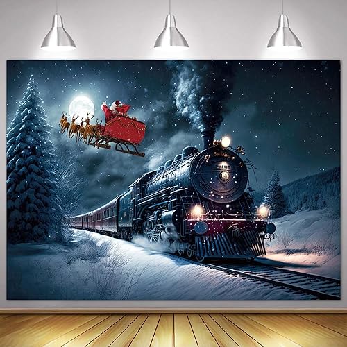 Miniatura 2 de Fondo de fotografía de tren de Navidad, tren nocturno de invierno, Papá Noel, fondo fotográfico para Navidad, Año Nuevo, fiesta infantil,
