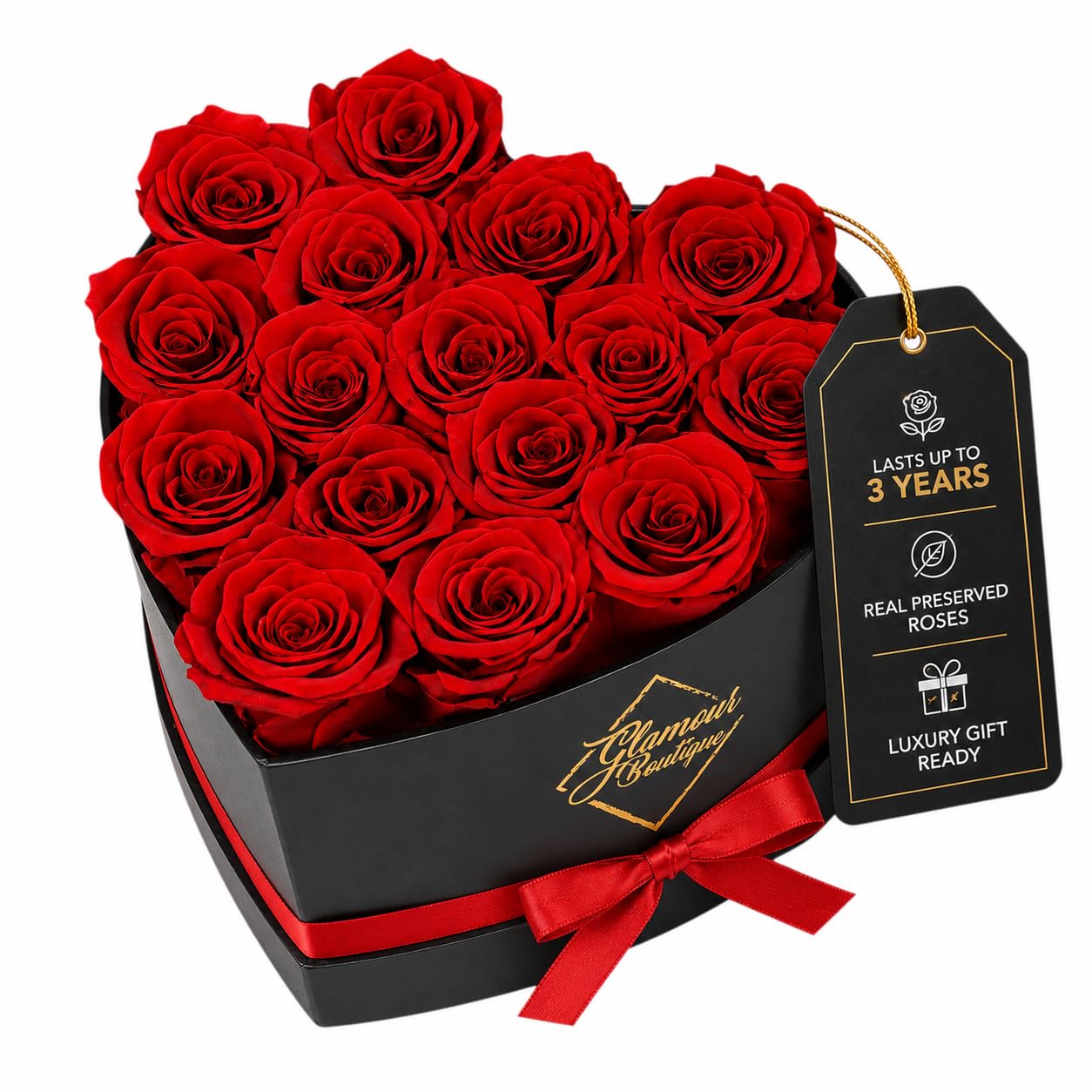 GLAMOUR BOUTIQUE - Caja en forma de corazón con 16 flores, rosas preservadas, regalo para mujer, color rojo