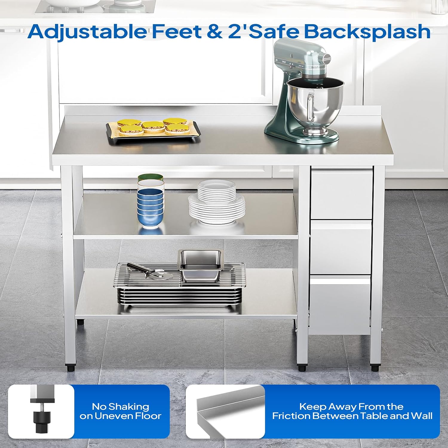 ROVSUN 48" X 24" Stainless Steel Table with 3 Drawers, Backsplash & Undershelf for Home Kitchen Restaurant Hotel Garage Warehouse (48" X 24")