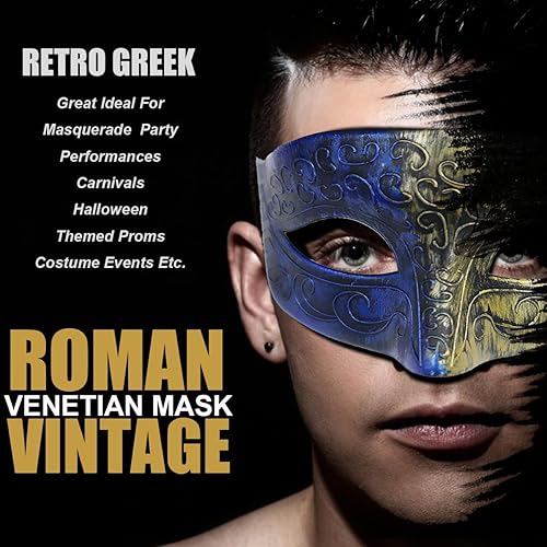 Miniatura 5 de Máscara de máscaras para hombres, parejas, máscara griega romana para Mardi Gras veneciano, disfraces, fiesta, baile de graduación (oro real + azul)