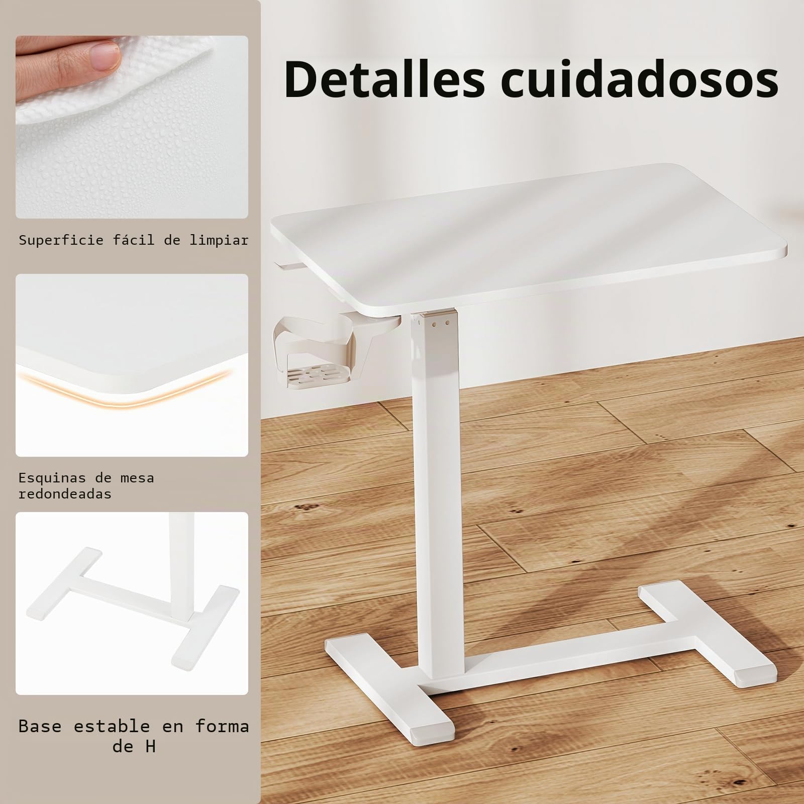 LIFEZEAL Mesa Auxiliar para Sofá en Forma de C, Altura Ajustable, Mesa Lateral para Cama, con Ruedas Ocultas, Soporte para Bebidas, Ganchos para Auriculares (Blanco)
