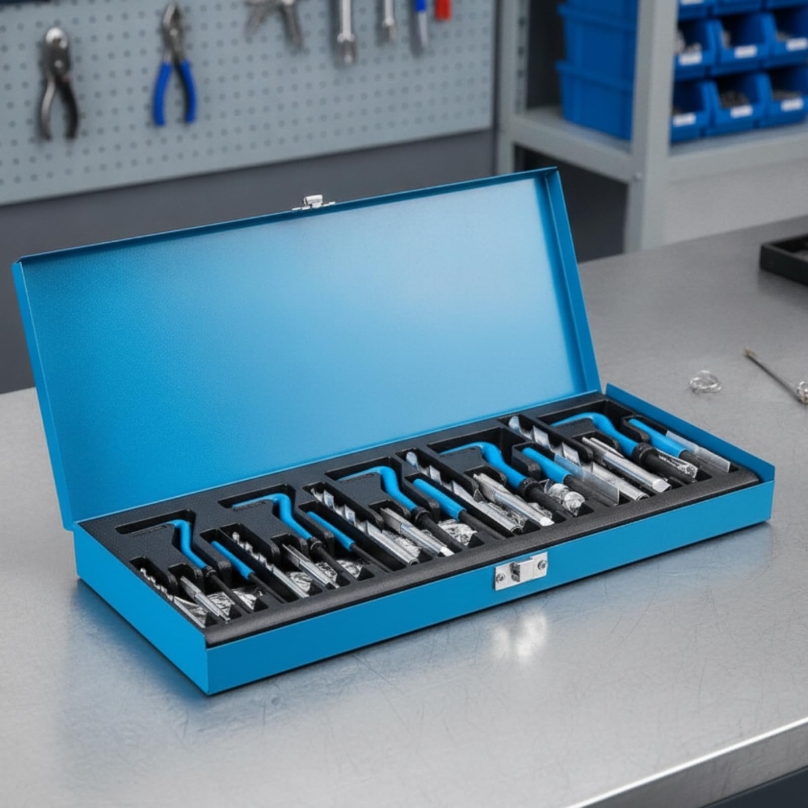 Kit Riparazione Filetti Cassetta in Metallo Inserto Filettato Set Alta Resistenza Set Inserti Filettati, Scatola Blu, Manico Blu