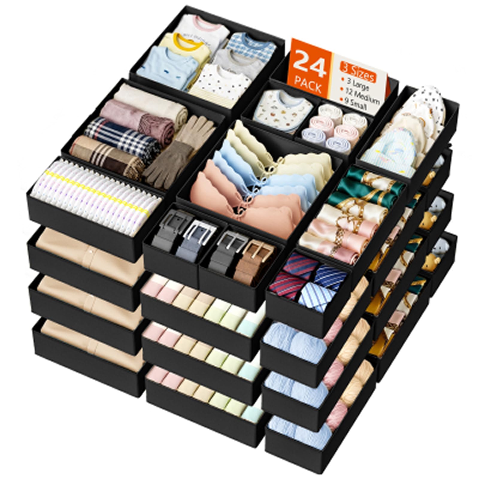 Homsorout 24 Pack Drawer Organiser for Clothing - Foldable Drawer Dividers Fabric Wardrobe Organisers and Storage for Baby Clothes, Socks, Underwear, Belt, Tie, Scarf - Black โ image 1