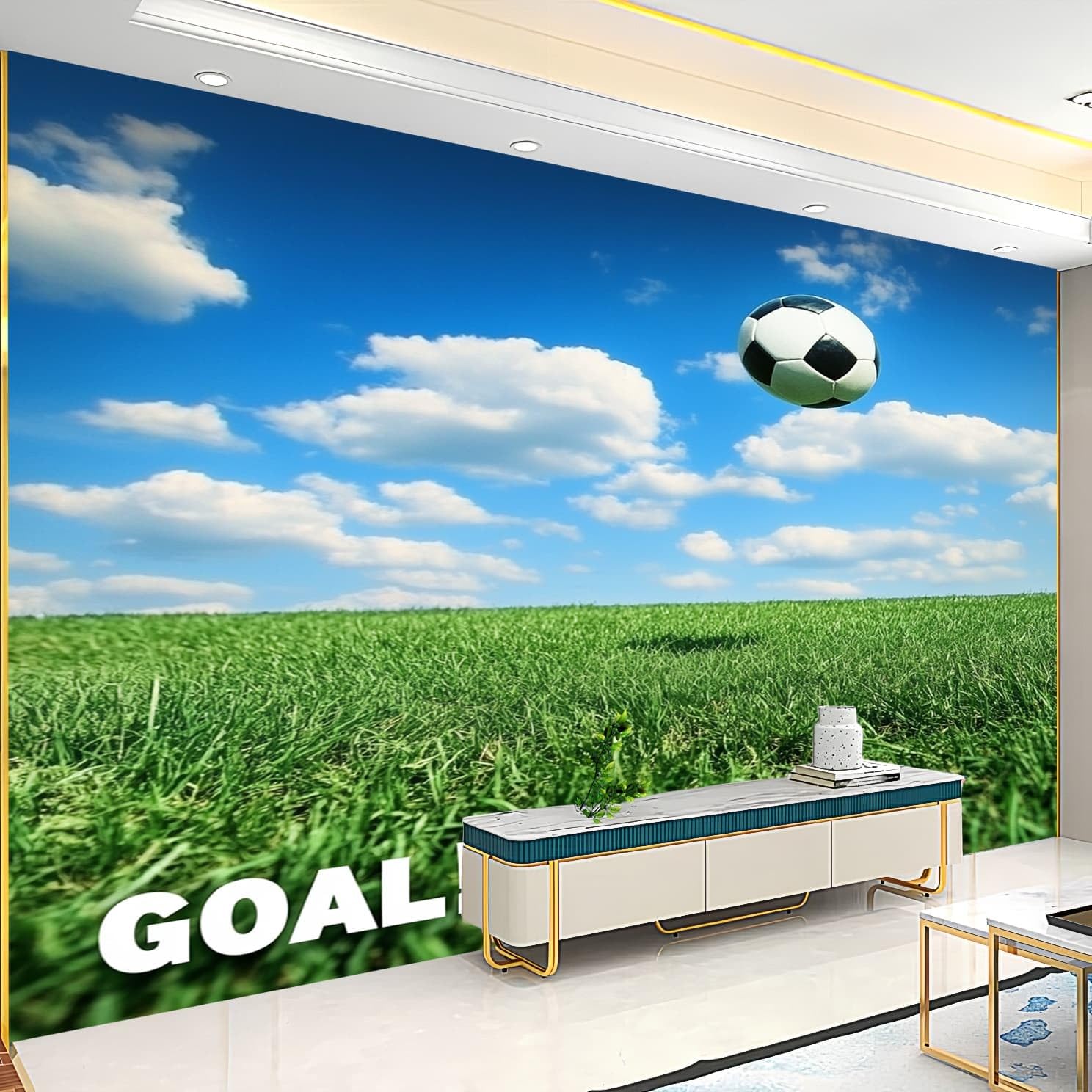 Włóknina, fototapeta premium, 400 x 280 cm, motyw boiska piłkarskiego, bez pozostałości, usuwalne wodoodporne naklejki, sztuka, tapeta, niebieska, do przedszkola, klasy, kuchni, biura, sofy, tło