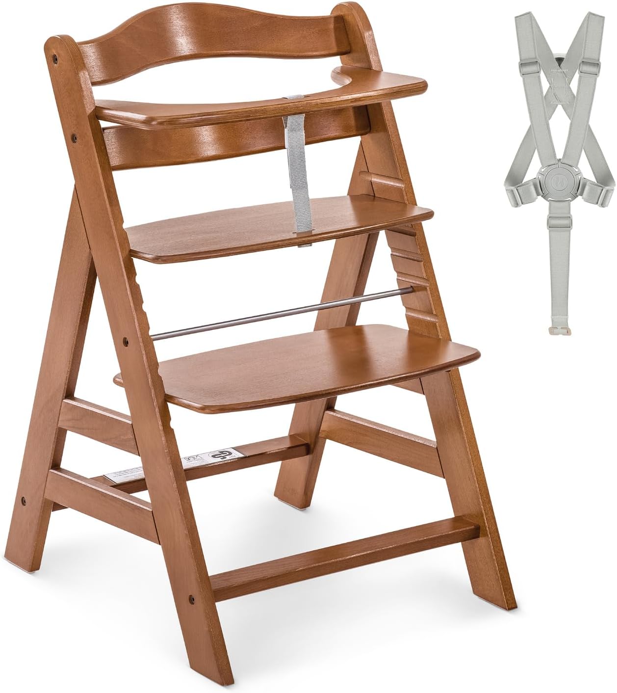 hauck Alpha+, Walnut - Wooden High Chair 6 Months to Adult Sustainable FSC® Certified Beechwood Toddler Feeding and Entertainment Chair, Inclusive 5-Point Harness Bumper Bar Crotch Strap