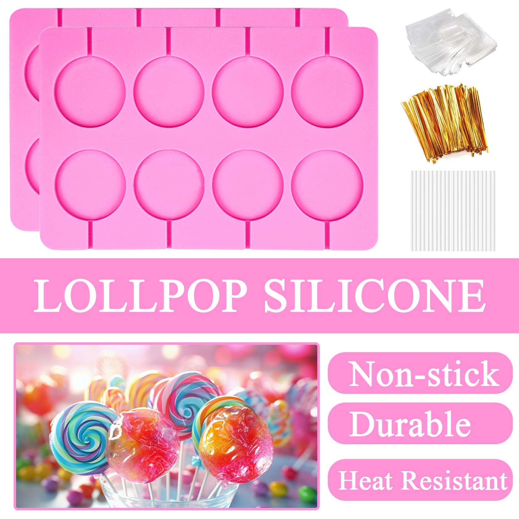 2 moldes de silicona para chocolate duro, kit de moldes redondos antiadherentes de silicona con 20 palos, 20 cuerdas doradas y 100 bolsas, para dulces, paneles, gelatinas, pan, etc.