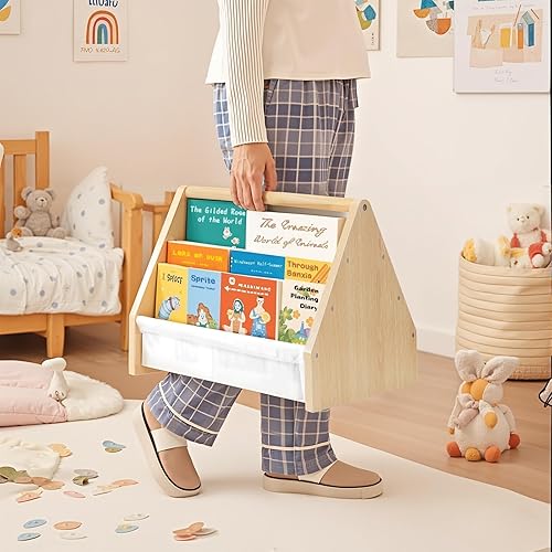 Miniatura 9 de 19" Toddler Bookshelf, 6-Tier Double-Sided Kids Bookshelf, Montessori Bookcase for Toddlers with Deep Fabric Pockets, Natural Wooden Toy Storage