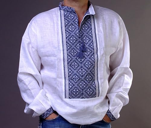Miniatura 2 de Vyshyvanka Camisa de hombre Ucrania hecha a mano de lino blanco gris bordado regalo ucraniano (2XL)