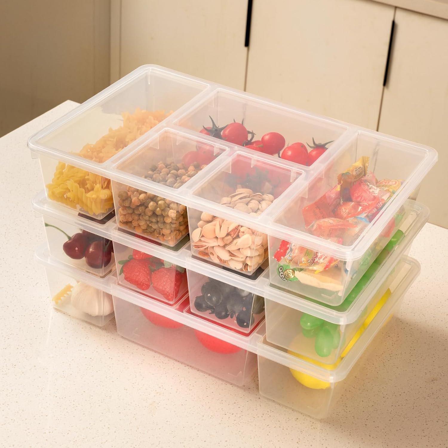 2 Pack Divided Veggie Tray with Lid, 5 Compartment Snackle Box Container for Fridge, Clear Refrigerator Organizer Bins Plastic Food Storage Containers for Fruit, Vegetable, Salad, Snack