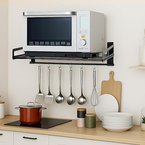 Miniatura 7 de Soporte de pared para microondas, estante de horno de 23.5 x 15 pulgadas con riel de gancho, soporte de encimera de acero al carbono negro para