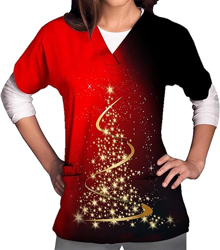Womens Christmas Tree Scrubs Tops Holiday Printed Christmas Fun Tshirt Uniform Tops V Neck Short Sleeve Nursing Tops