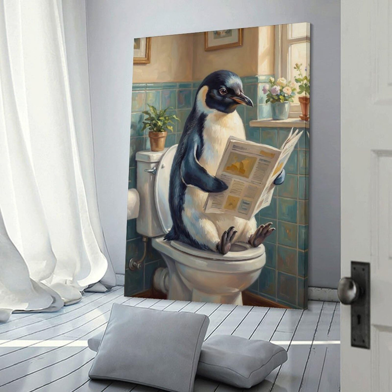 Junmoney Frame-Style-18 Canvas Wall Picture Penguin Reading Newspaper On Toilet, 24X36inch(60X90cm), For Bedroom, Lounge Or Dressing Area, Stylish Decor For A Restful Room Update