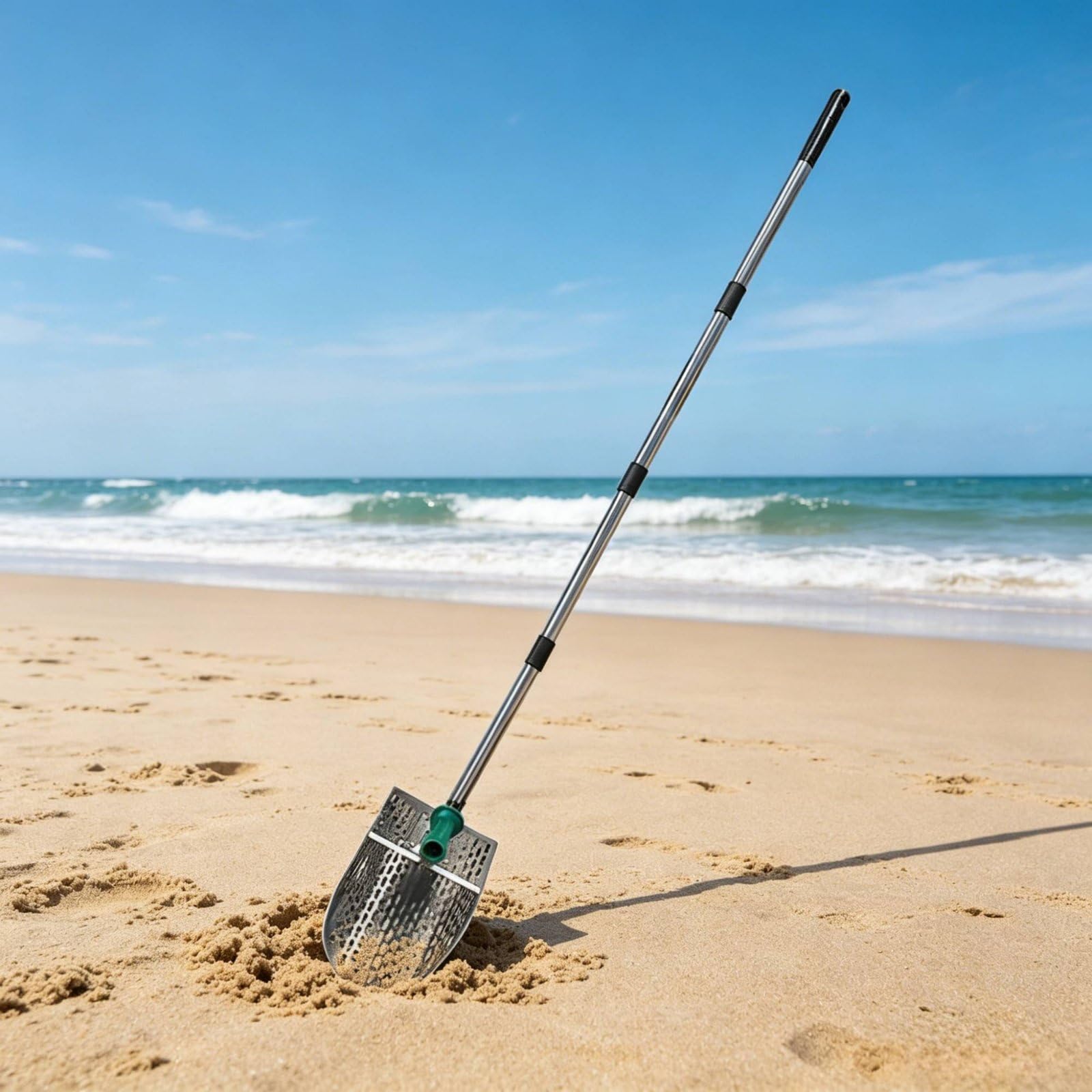 Colcolo Pala de Playa de Acero Adaptada para Detectoristas Canasta Tamizadora Robusta Mango Telescópico Borde Adecuada para Hallar y Uso en Costeras, Silv 304 AcInox
