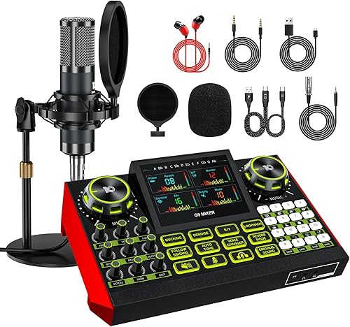 Paquete de micrófono para podcast con mezclador de audio de tarjeta de sonido en vivo, equipo de podcast, placa de sonido con micrófono de