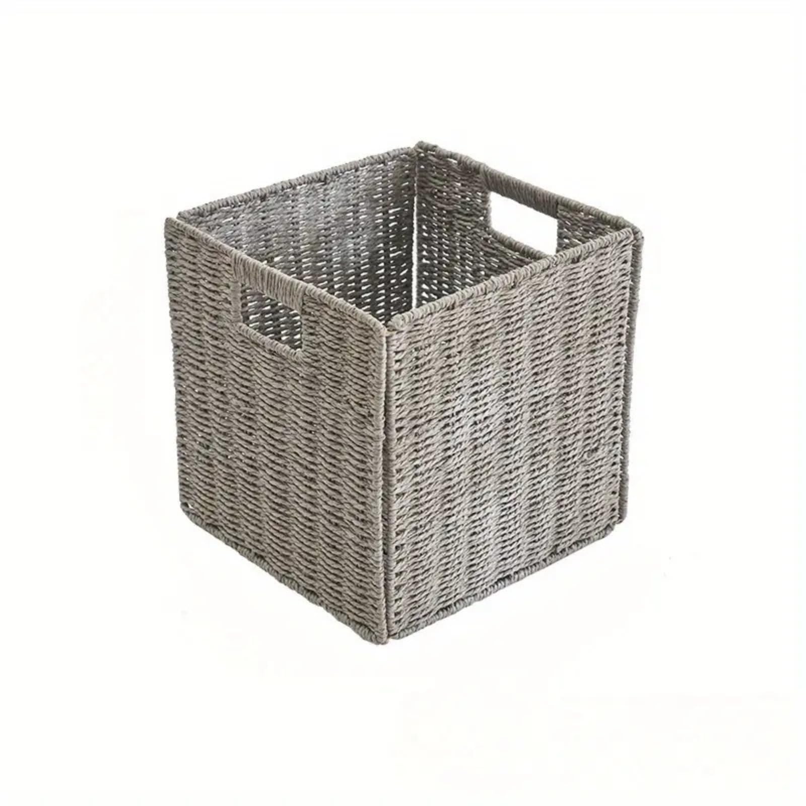 Moedweuo Grey Foldable Faux Wicker Storage Baskets With Handles For Shelves