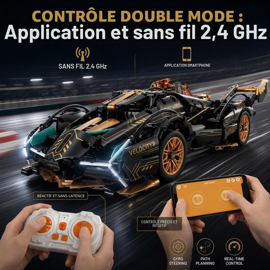 Voiture RC Lamborghini V12 975 Briques 1:14 – Kit Construction Adulte 2.4GHz App LED | Maquette Voiture Télécommandée Cadeau Garçon 10-12 Ans STEM
