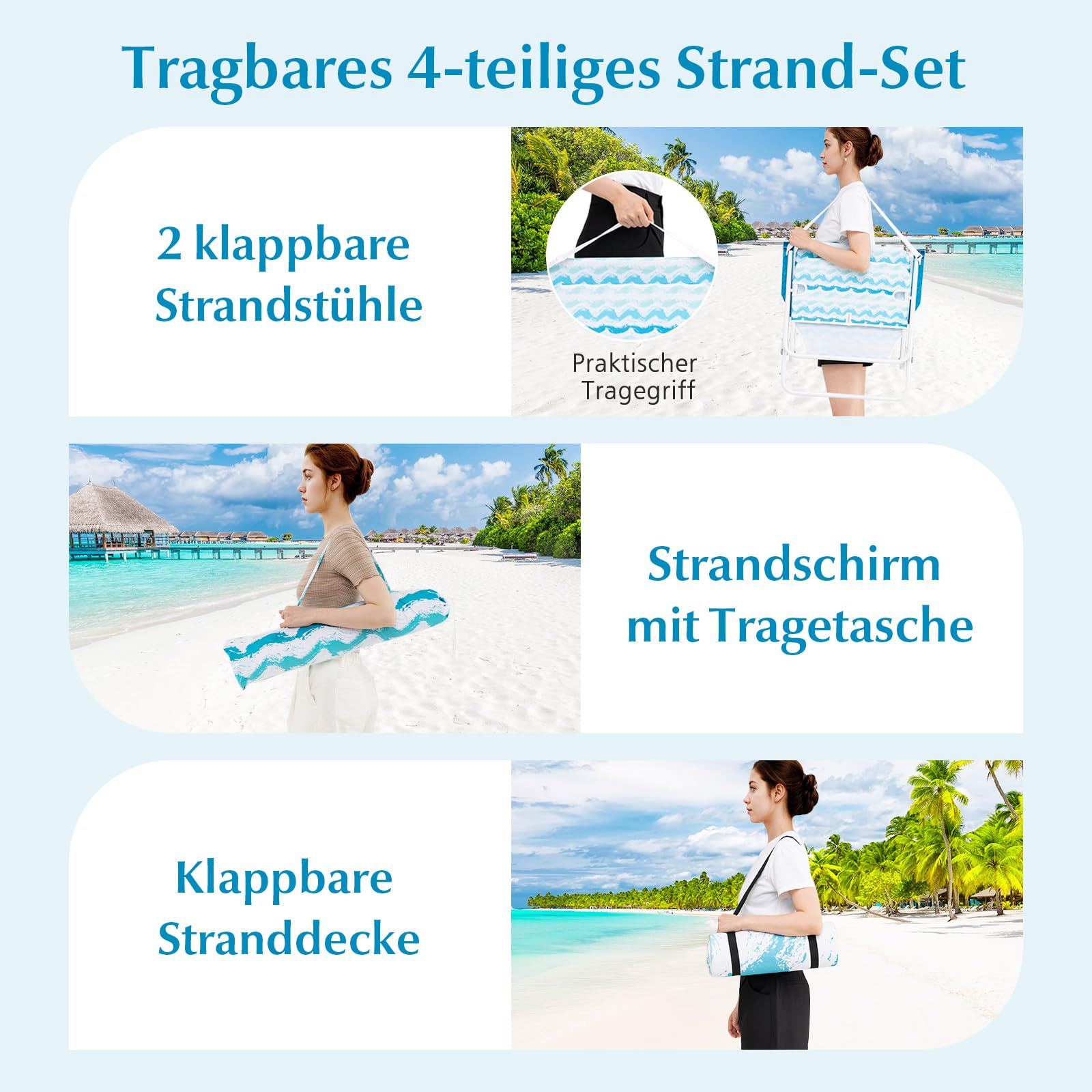 COSTWAY Strandstühle mit Schirm und Stranddecke, Sonnenschirm mit Tragetasche, beidseitig um 30° knickbar, 2 Klappstühle mit Rückentasche, Picknickdecke