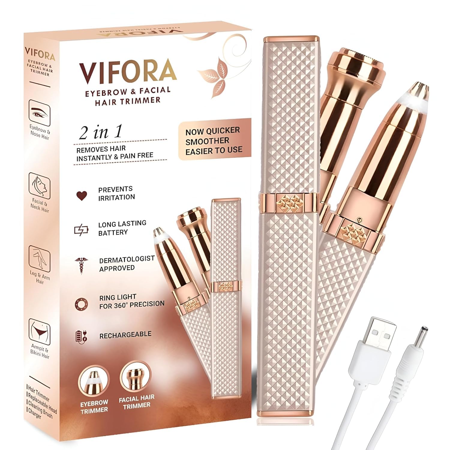 VIFORA 2-in-1 Eyebrow Trimmer & Facial Hair Remover for Women – Painless Electric Epilator for Upper Lip, Chin, Cheeks & Nose – USB Rechargeable with Built-in Light – Gold Color, Compact & Travel-Friendly