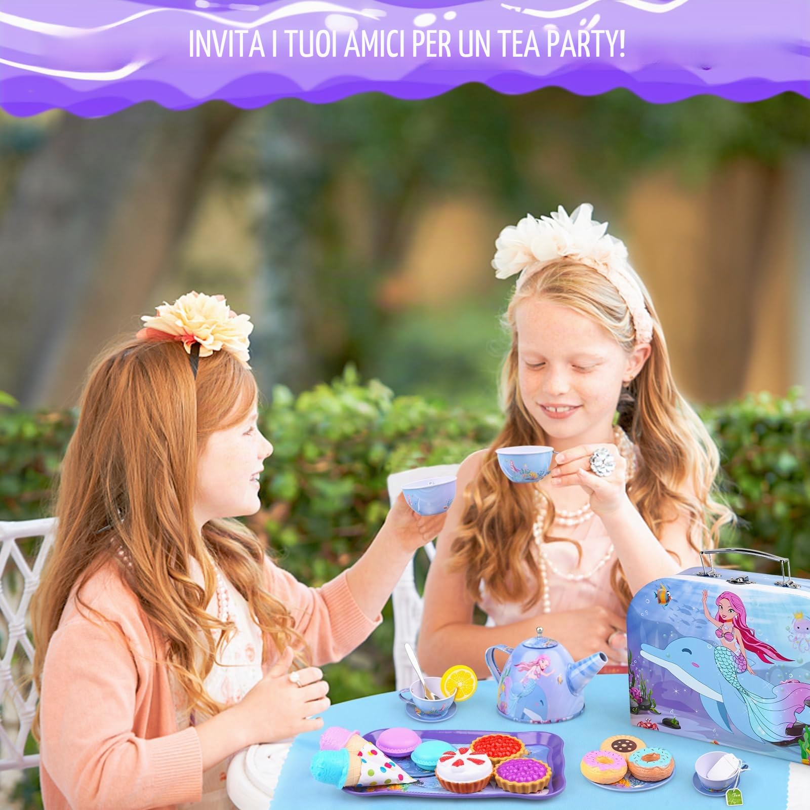 36 PCS Set da Tè Giocattoli per Bambini, Giocattoli Unicorno di Latta Tea Party Finta di Giocare con Dessert Donut, 13 PCS Giocattoli da Dessert Regalo per Bambina (sirena)