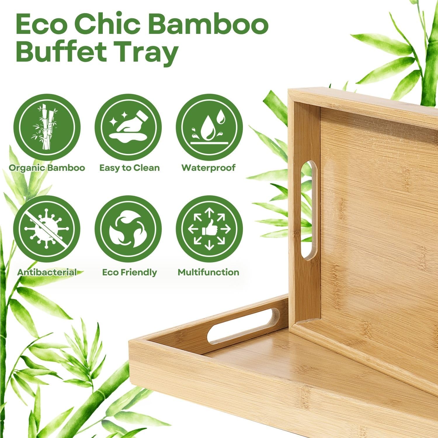 Flexzion Bandejas de bambú para Servir Alimentos, Paquete de 3 bandejas de Madera de bambú con Asas, Juego de bandejas rectangulares de bambú para Alimentos (Grande, Mediano, pequeño) para Desayuno,