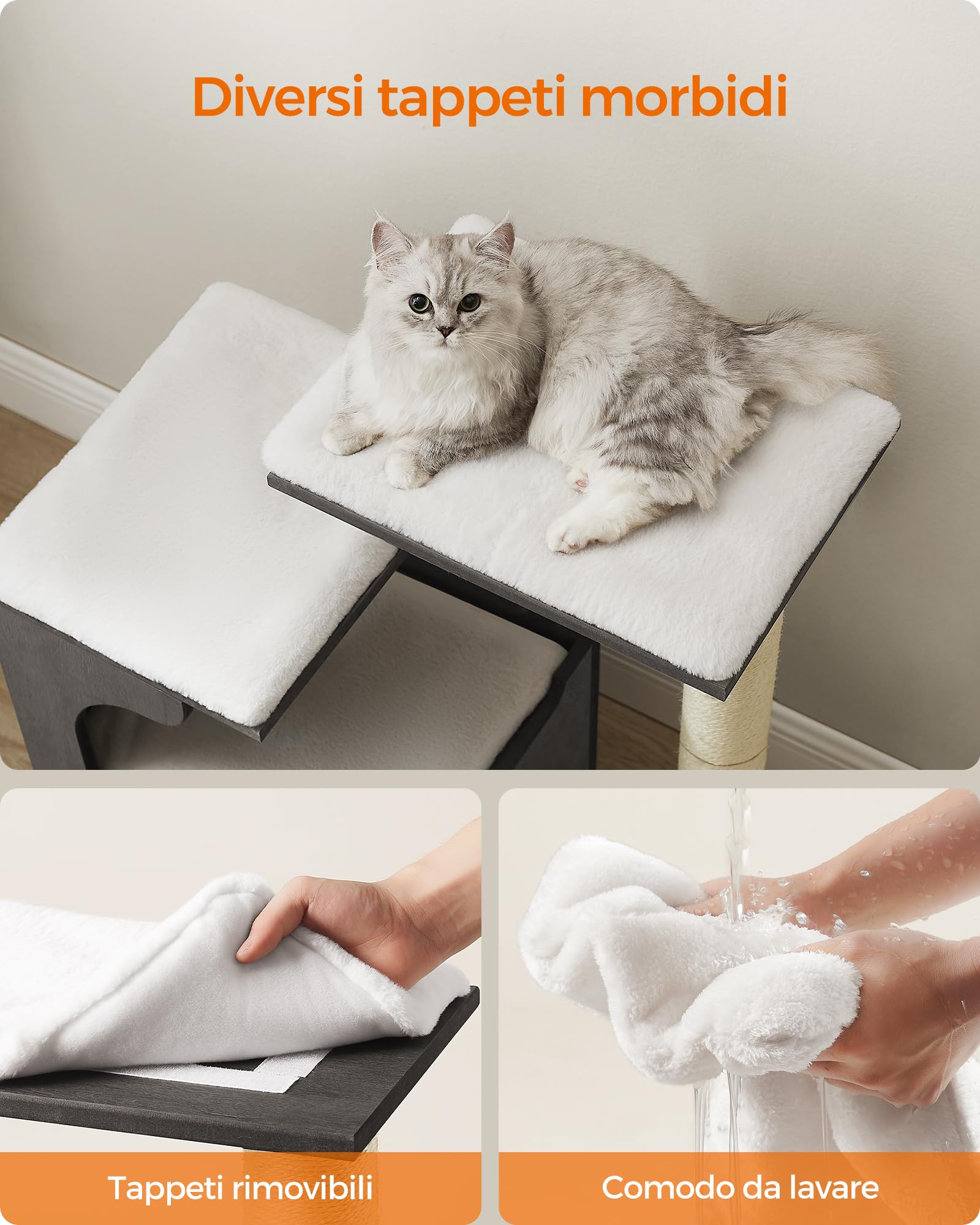 Feandrea Tiragraffi, Albero per Gatti di Truciolato Alto 86 cm, con Grotta, Posatoi, Colonna e Tappeto Graffiatoio in Sisal, Lavabili Tappeti in Pelliccia Sintetica, Grigio Nebbia PCT070G02
