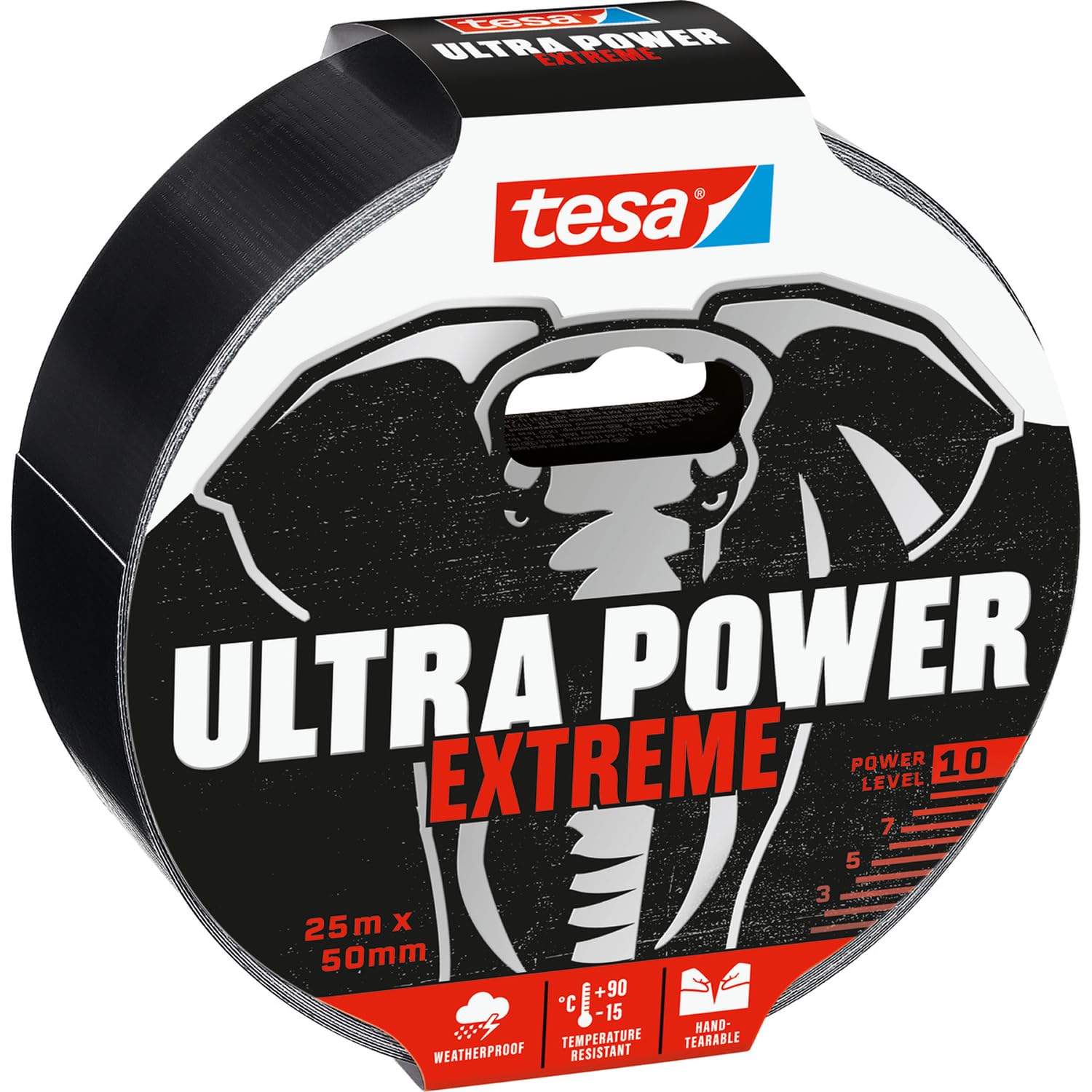 Tesa Uk Black/White Tesa Ultra Power Extreme Super Duct Tape - Repair Tape With Extra Strong Hold Even On Rough Surfaces - Weather Resistant And Hand-Tearable - 25 M X 50 Mm
