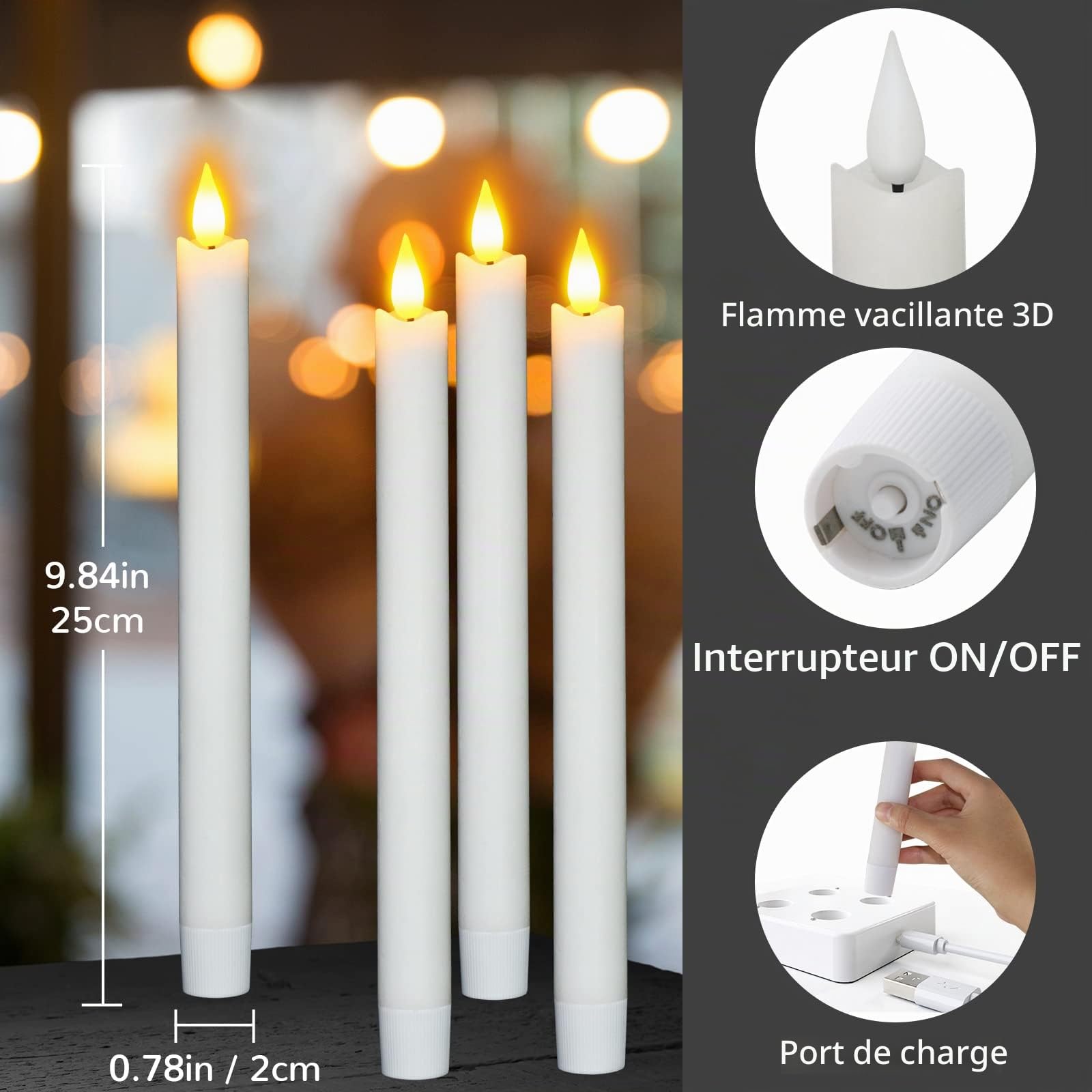 PChero Bougie Chandelier LED Rechargeable, Lot de 4 Fausses Bougies à LED Flamme Vacillante Cire Bougie Decorative Electrique avec Télécommande pour Decoration Noel Anniversaire Maison Chambre Mariage
