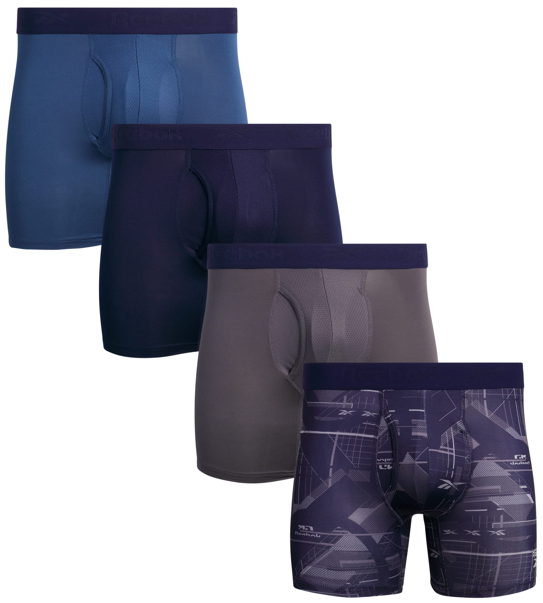 ReebokMen's Boxer Briefs - 4 Pack Soft Performance Boxers for Men with Fly Pouch - Quick Dry Active Mens Underwear Pack S-XL, Size Medium, Blue/Navy/Grey/Print