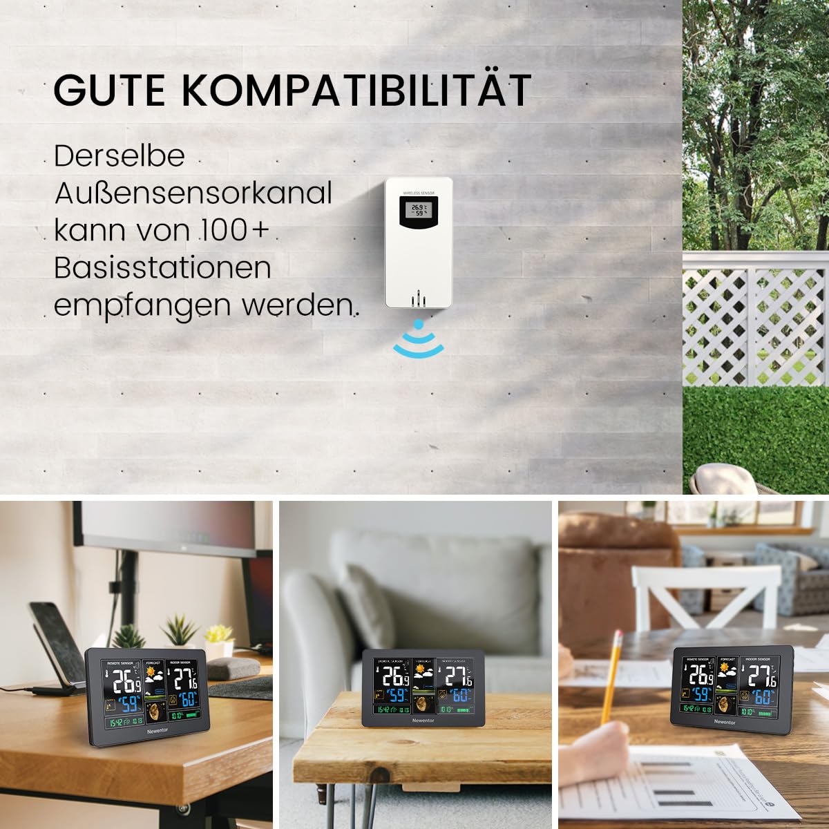 Newentor Wetterstation Funk mit Außensensor, Funkwetterstation Wettervorhersage Temperaturwarnung DCF Funkuhr, Schwarz