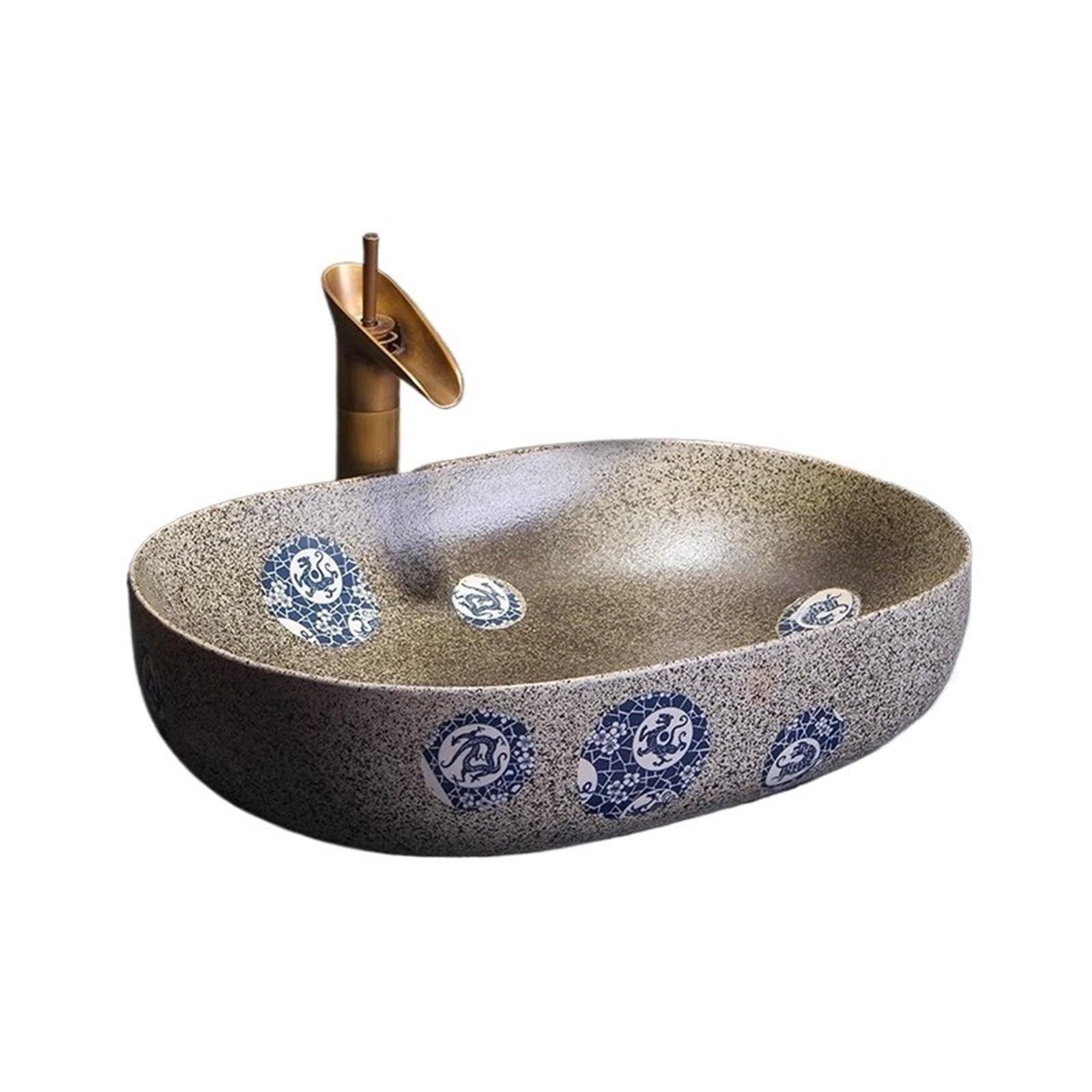 SBCGFY Retro Art Round Ceramic Bathroom Sink - Above Counter Cloakroom Wash Basin With Accessories - Stylish And Functional Design For Modern Bathrooms