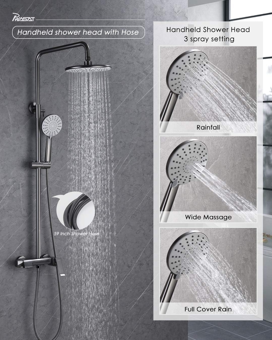 🔥 Crаzу Dеаlѕ Outdoor Shower Fixtures Stainless Steel Brass Bathroom Faucet Set with Rainfall Showerhead,Handheld Shower,Wall Mount Adjustable Shower Bar 3 Function Gray,CT8626,PHASAT
