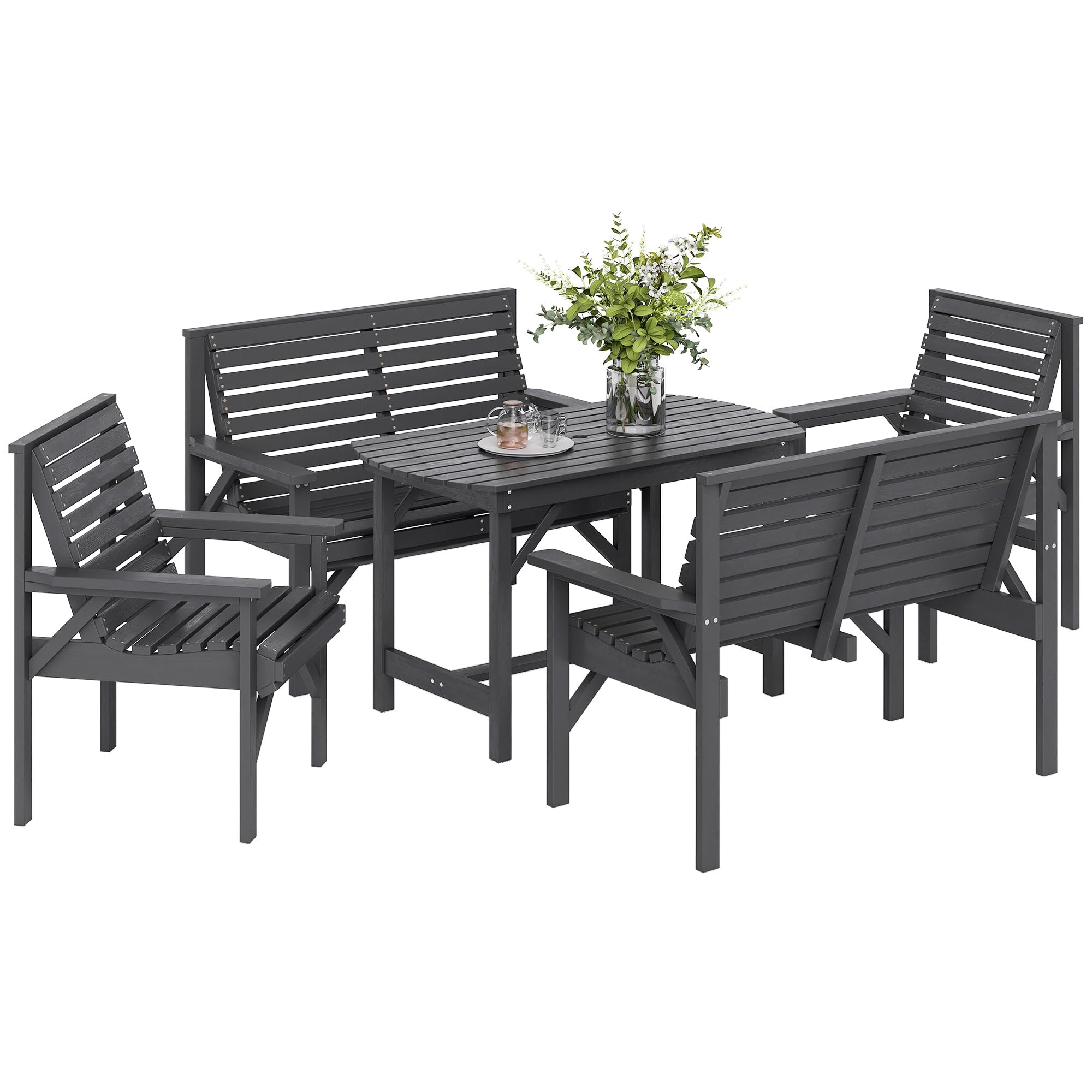 Outsunny Grey 5Pc Patio Dining Set Wooden Table And Chairs W/ Umbrella Hole