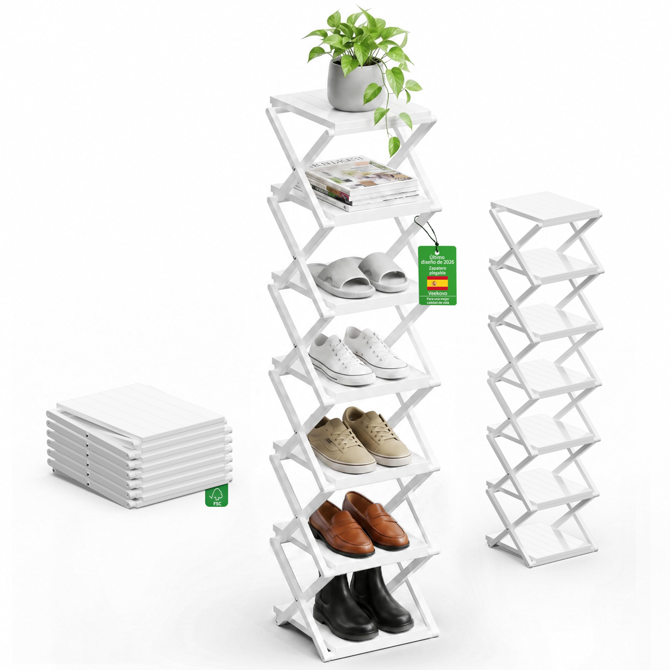 Zapatero Vertical Estrechom, Zapatero Plegable portátil, sin instalación, Zapatero pequeño, pasillos, dormitorios y Espacios pequeños (Blanco, 7 Tier)