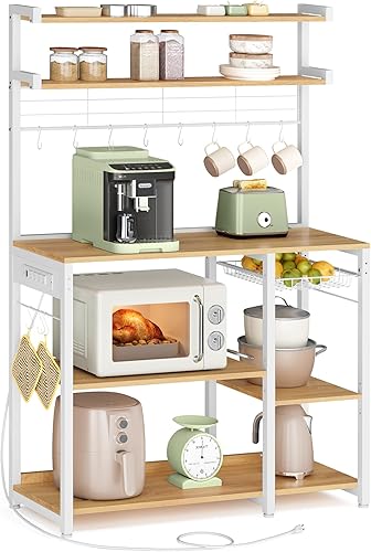 Miniatura 15 de VASAGLE Estante para panadero, soporte para microondas, estante de almacenamiento de cocina con cesta de alambre, 6 ganchos y estantes, para Marrón