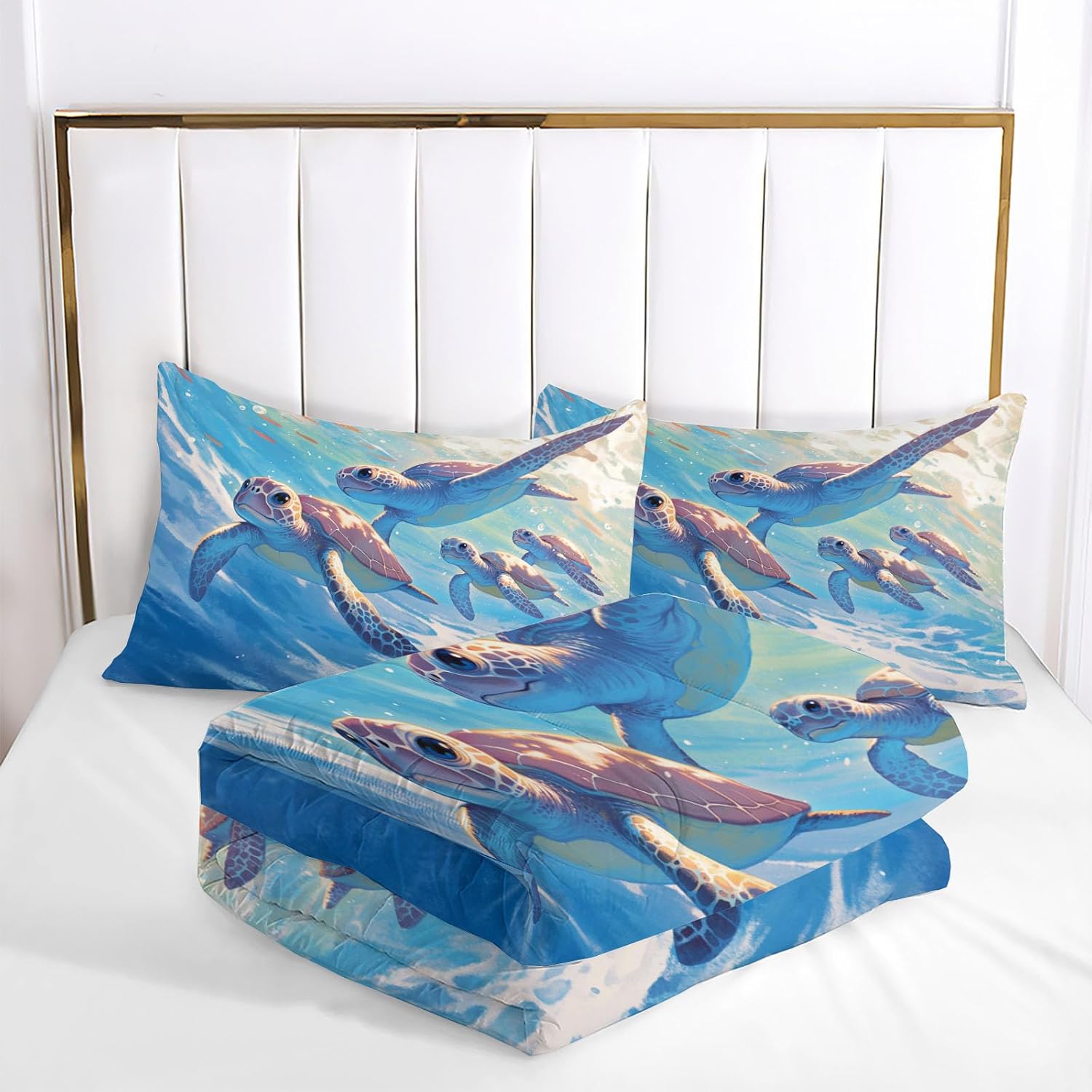 Oil Painting Animals Comforter Set Queen Size, Abstract Turtle Bedding Set for Teens Adults Room, Blue Soft 90" x 90" Quilt with 2 Pillow Cases, Lightweight Blue Quilt for All Season