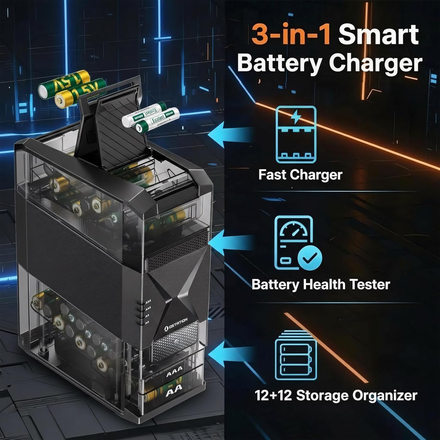 Ostation 2 Smart Battery Charger for AA & AAA NiMH, Ecolast Li-ion Rechargeable Batteries, Non-Polarized Design, Intelligent Detection, Fast Charge with App Monitoring & LED Indicators (Charger Only)