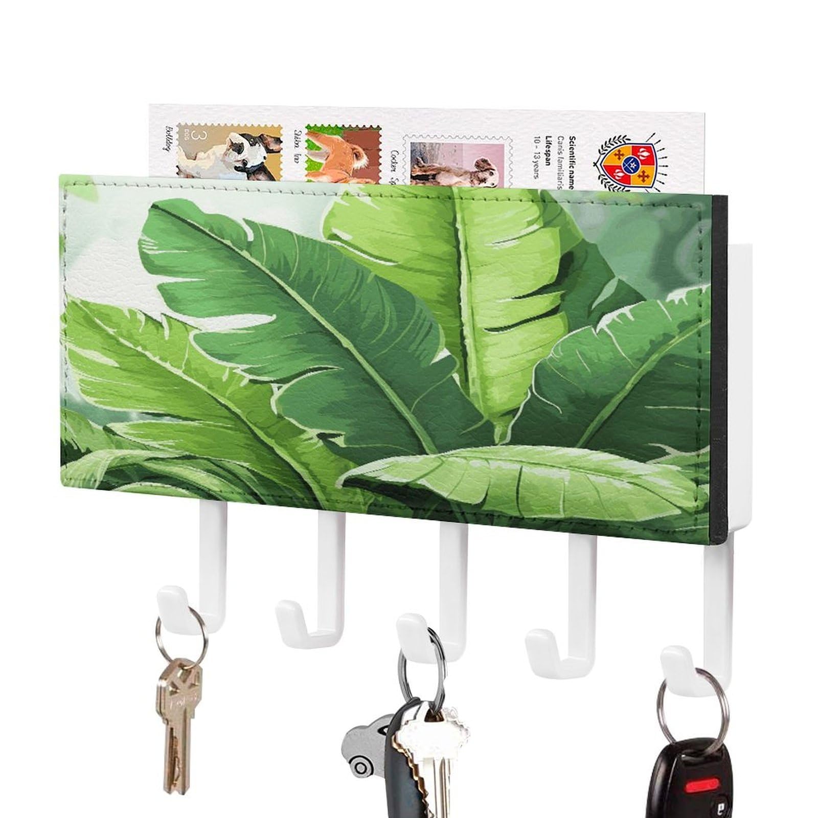 Fekiloot White-Style Cute Banana Leaves Key Holder Wall Mount Key Hanger With 5 Hooks Decorative Key Rack Hanging Key Hooks With Mail Organizer Key Holder For Wall Living Room Kitchen Bathroom Hallway White