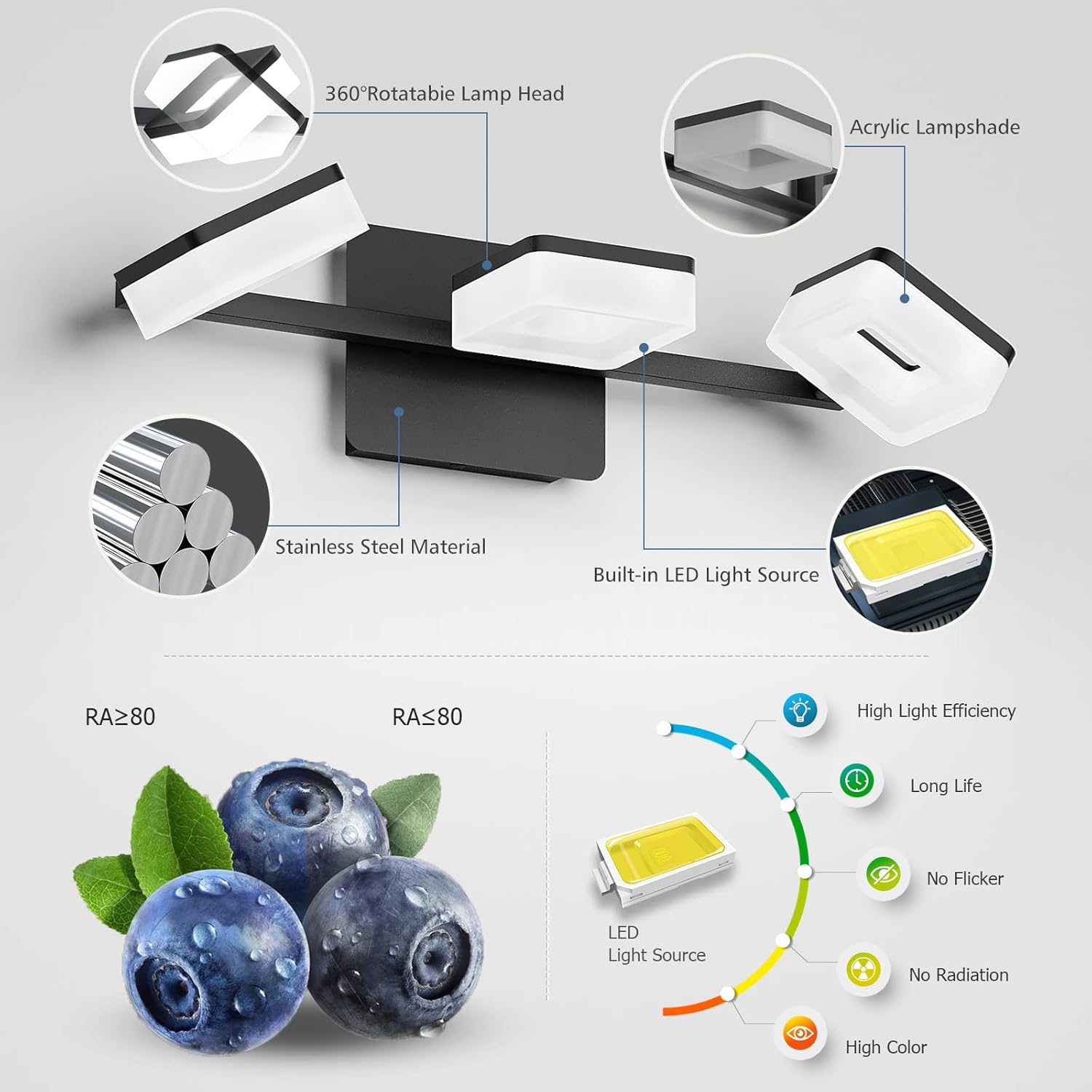 Black LED Bathroom Vanity Light, Modern Wall Lighting Fixtures, 3-Light Bathroom Lighting Fixtures Over Mirror, 360° Rotate Acrylic Matte Black Vanity Lights for Bathrooms