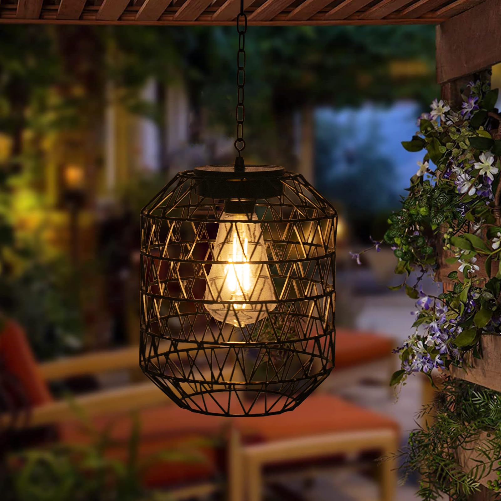 Larekook Solar Chandelier Outdoor,Natural Rattan Solar Lanterns Outdoor Waterproof Pendant Lights With Edison Bulb,Bamboo Woven Hanging Decorative Lanterns For Gazebo Garden Patio Porch Tree