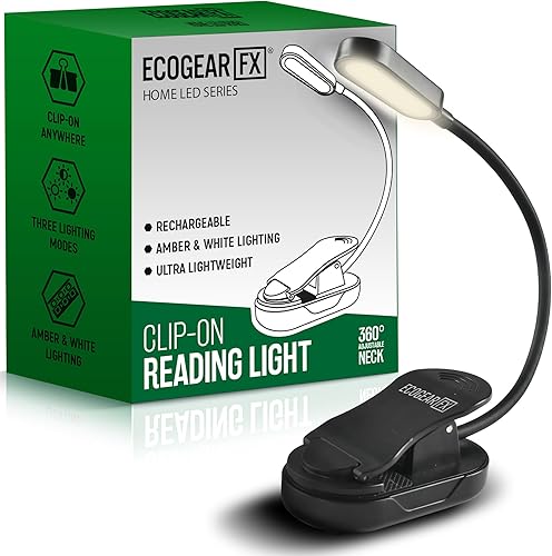 EcoGear FX Luz de lectura de libros para cama y viajes, luces LED recargables con clip con 3 modos de lámpara y cuello ajustable de 360 grados
