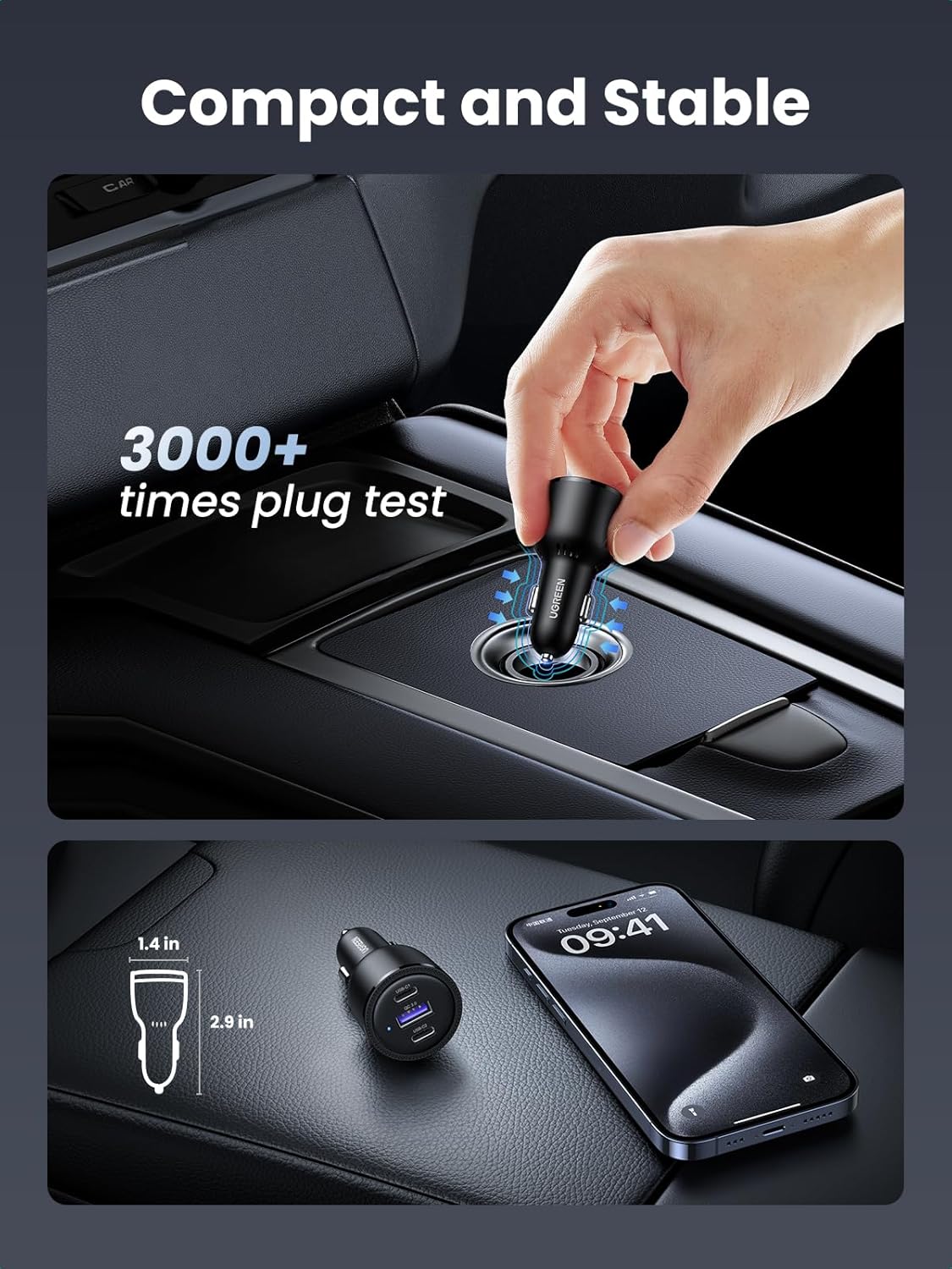 UGREEN 69W USB C Fast Car Charger PD QC 3.0 USB C Cigarette Lighter Charger 65W 45W 30W Compatible with MacBook Pro Air iPad Pro Steam Deck iPhone 15 Pro Max 14 13 Galaxy S24 S23 S22 Ultra Plus