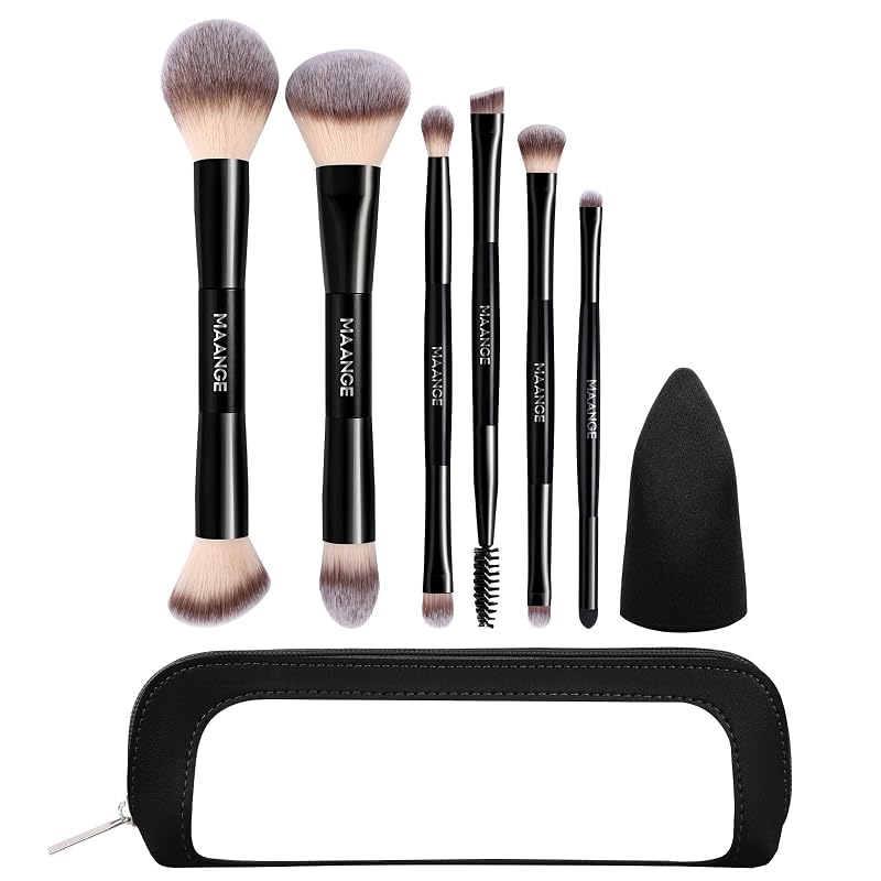 Kit de 6 Pincéis de Maquiagem MAANGE com Duas Pontas, Esponja e Necessaire