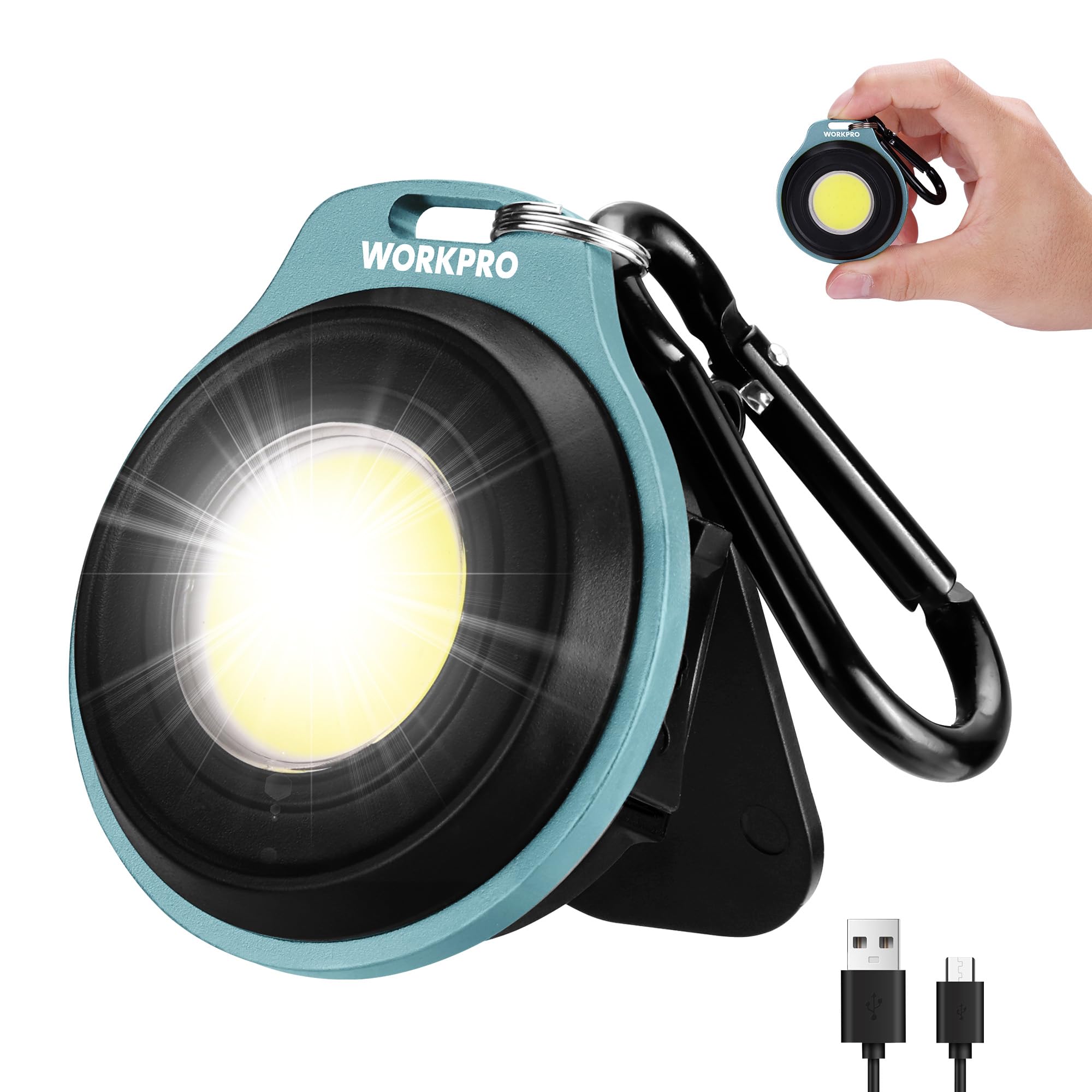 WORKPRO COB Keychain Work Light, Rechargeable Magnetic EDC Keychain Flashlight, Mini Pocket Carabiner Flashlight with Hat Clip, 3 Light Modes