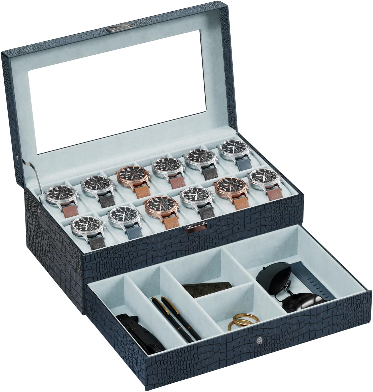 ProCase Watch Box Organizer for Men, 12 Slot Watch Display Case with Drawer, Mens Watch Holder Watch Case for Men, 2-layer Jewelry and Watch Storage Case -12Slot, Blue