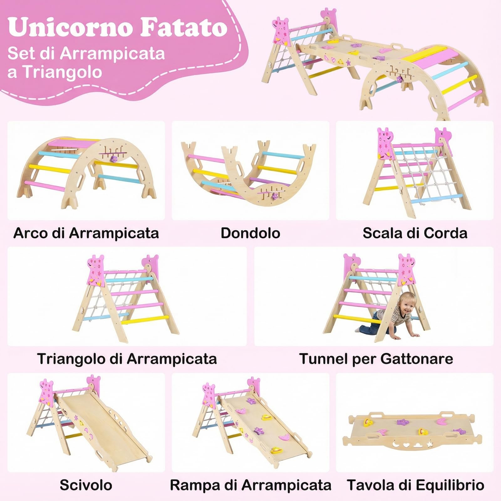 RELAX4LIFE Set da Arrampicata per Bambini, Triangolo di Arrampicata con Scivolo e Arco, Gioco di Incastri in Legno, Gioco Montessori per Bambini 1+ Anni (Unicorno con Rete-3 Pezzi | Macaron)