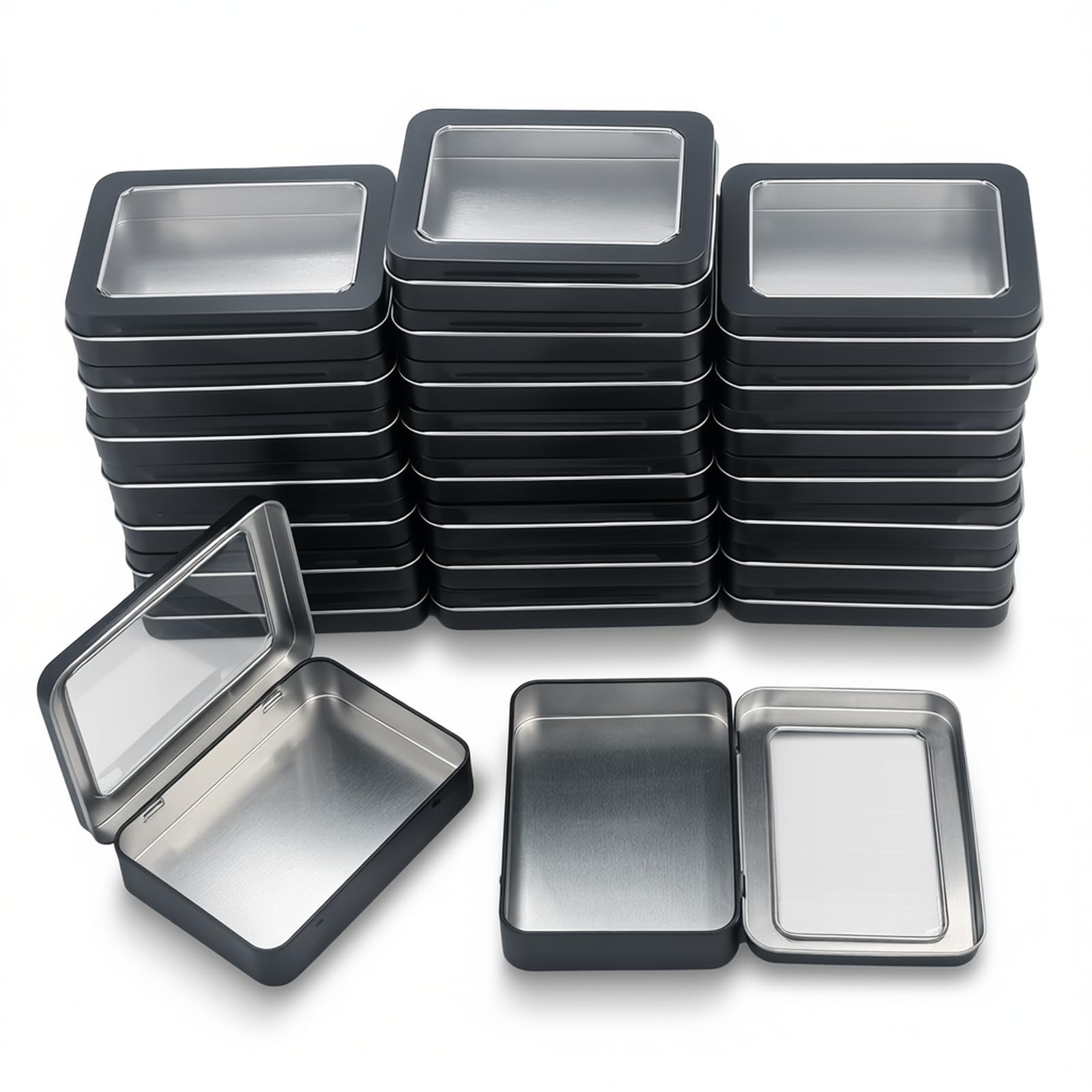 24 Pack Empty Rectangular Metal Storage Organizer Tins with Clear Window Hinged Lids for Small Items and Other Craft Projects (Black, 4.5 x 3.3 x 0.87 inches)