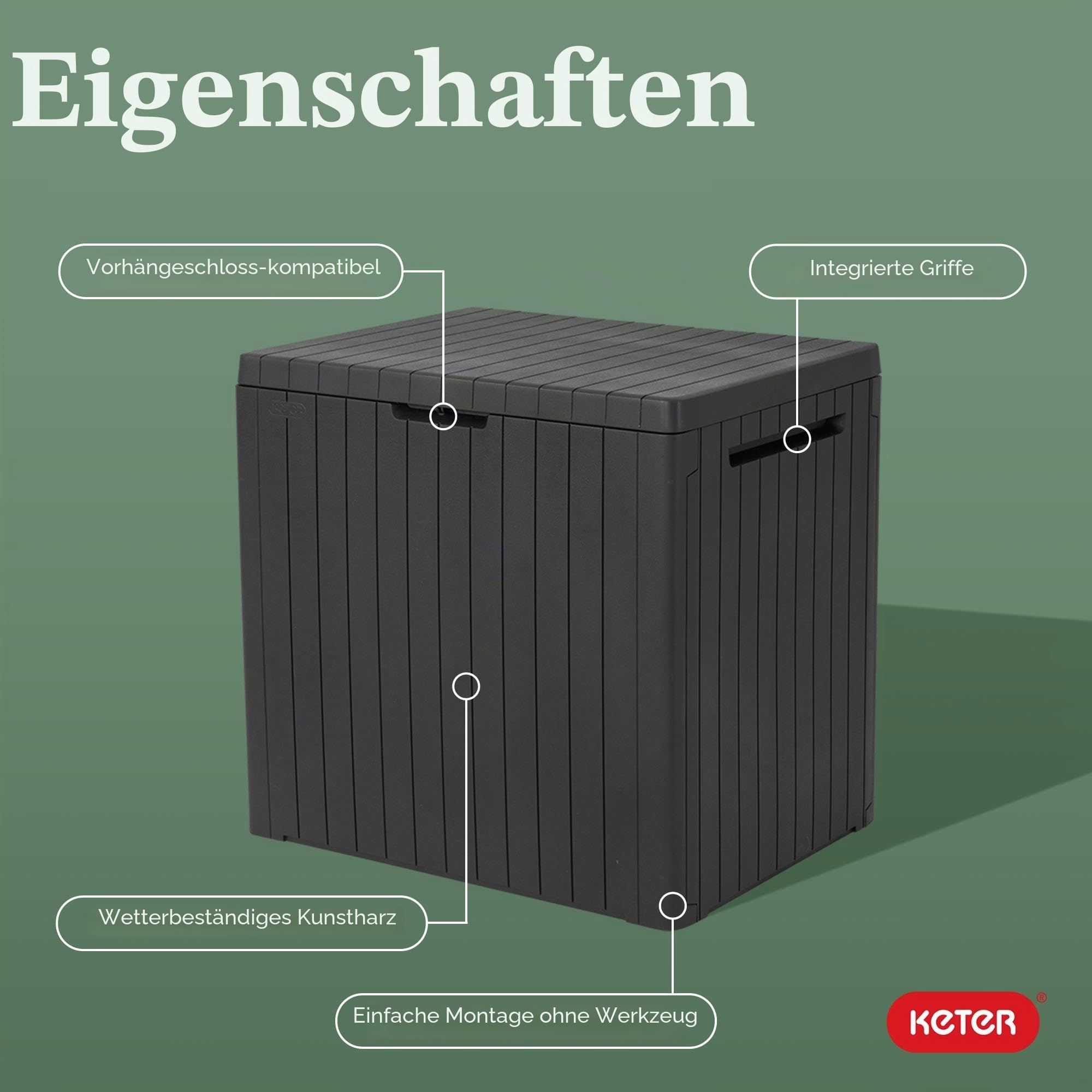 Keter City Aufbewahrungsbox und Terrassenmöbel, Beistelltisch für Pool und Gartenzubehör, aus Kunstharz, 30 Gallonen, Dunkelgrau