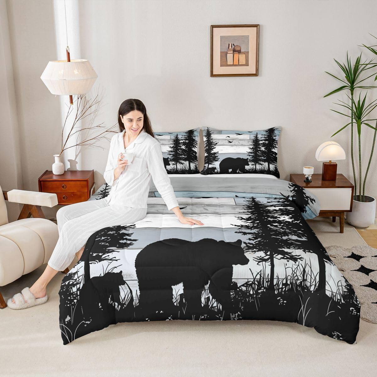 jejeloiu Bear Kids Comforter Set Queen Size Rustic Cabin Country Bedding Set Farmhouse Duvet Quilt for Kids Boys Girls Bedroom Wild Animal Decor Microfiber Ultra Soft Breathable