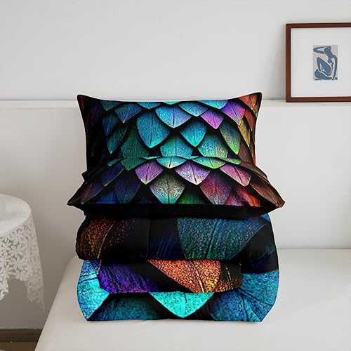 Miniatura 5 de Juego de edredón de escamas de dragón tamaño Queen, juego de ropa de cama de piel de animal salvaje trippy psicodélico con purpurina, edredón